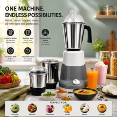 3-in-1 Stainless Steel Mixer Grinder Blender with Heavy Duty Motor