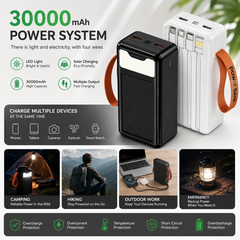 Portable Solar Power Bank 30000mAh with Built-In Charging Cables